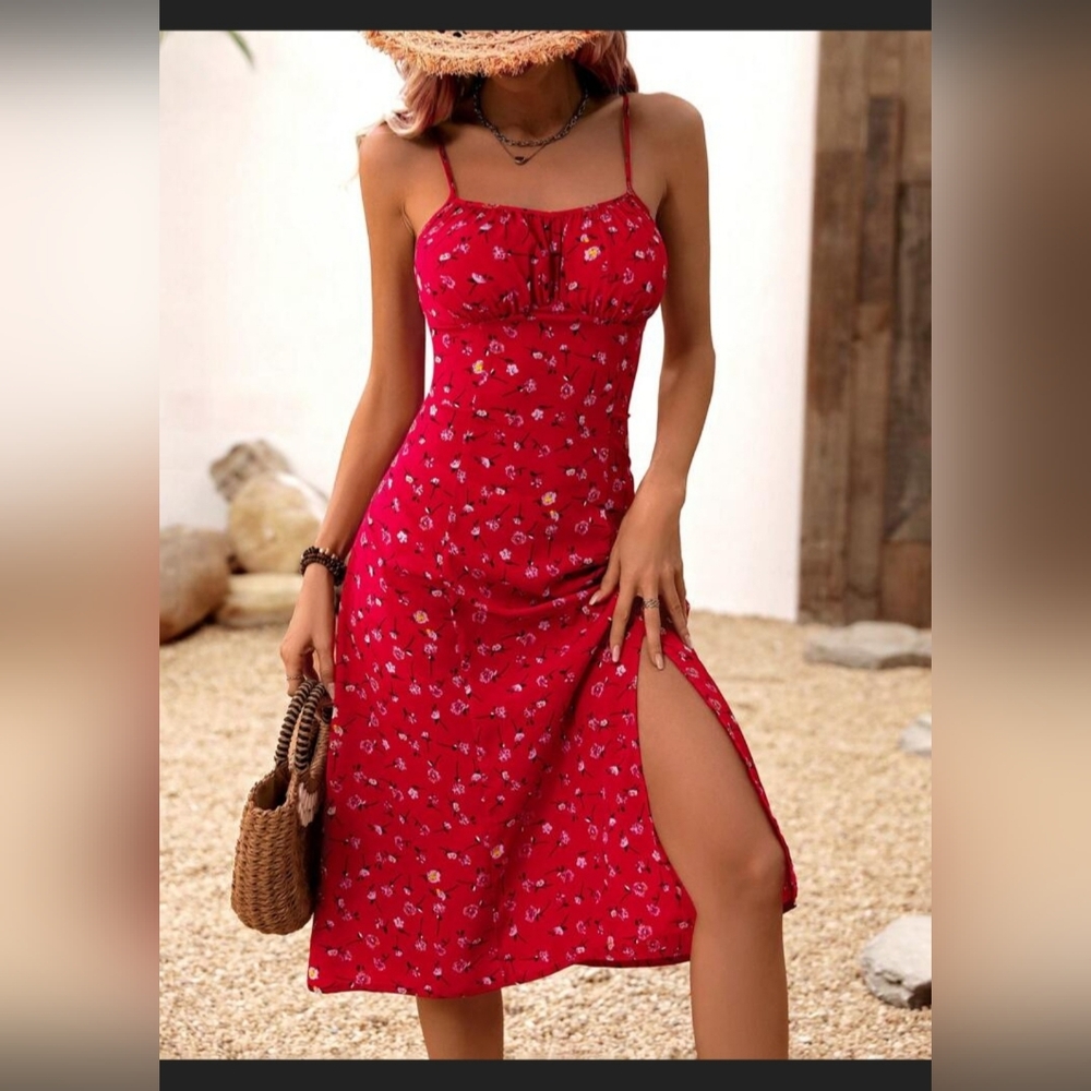 SHEIN Red Floral Spaghetti Strap Midi Dress